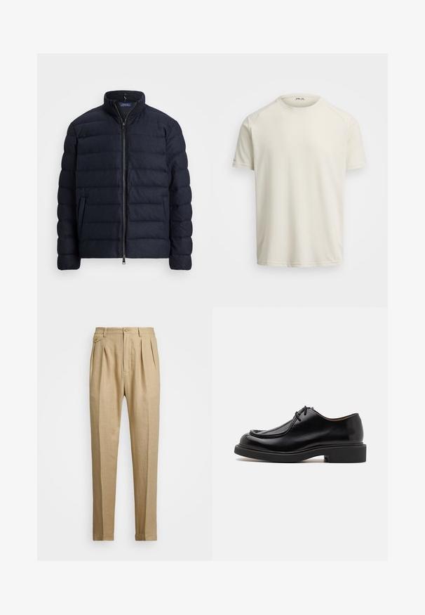 Tumesinine puffjaket, millel on tõusva krae, horisontaalne tikandimuster, ees lukuga sulgemine ja küljetaskud. Pehme tekstuur, kerge materjal.; Hele kreem värvi lühikeste varrukatega T-särk pehmest ja hingavast kangast, ümmarguse kaelusega ja raglanvarrukatega. Minimalistlik disain, ilma õmblusteta külgedel.; Bežid linasest püksid sirge lõikega, kahel esisel peenral, nööbiga kinnitamisel ja küljetaskutega. Tekstuuritud kangas sileda viimistlusega.; Must musta kingad ümarate varvastega, niiditud detailide ja minimaalsete paeltega, paksu kummist tallaga, mis tagab haardumise ja vastupidavuse.