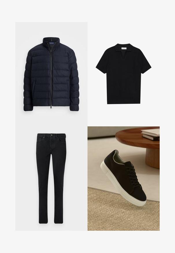 Ναυτικό παλτό με πούπουλα, με σκληρό γιακά, οριζόντια ραφή, μπροστινό φερμουάρ και πλάγιες τσέπες. Μαλακή υφή, ελαφρύ υλικό.; Μαύρο κοντομάνικο polo με υφή από ριμπ ύφασμα, διαθέτοντας V-λαιμό και ευθεία ραφή. Χωρίς ορατά λογότυπα ή σχέδια.; Σκούρα τζιν παντελόνια με εφαρμογή στενού τύπου, πέντε τσέπες και κλείσιμο με μεταλλικό κουμπί. Ουδέτερη υφή και ομοιόμορφο χρώμα σε όλη την επιφάνεια.; Μαύρο αθλητικό παπούτσι με λευκή σόλα που αιωρείται πάνω από μπεζ υφή χαλιού κοντά σε στρογγυλό ξύλινο τραπέζι με στοίβες βιβλίων.