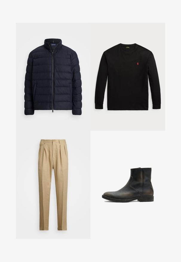 Marineblå puffjakke med ståkrave, horisontalt quiltet design, lynlås lukning foran og sidelommer. Blød tekstur, letvægtsmateriale.; Sort langærmet t-shirt lavet af bomuld. Har en rund halsudskæring, ribbede manchetter og et lille rødt broderet logo på brystet. Glat tekstur.; Beige linnedbukser med lige snit, prydet med to forkørsler, knaplukning og sidelommer. Struktureret stof med en glat overflade.; AllSaints LANG - Støvletter - brown