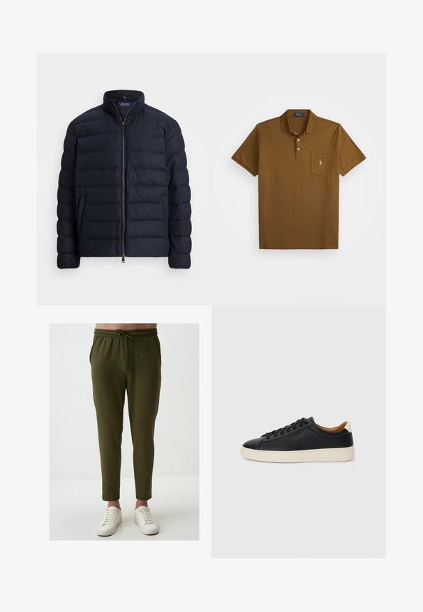 Granatowa kurtka puchowa z stójką, poziomym pikowaniem, zapięciem na zamek błyskawiczny z przodu oraz bocznymi kieszeniami. Miękka tekstura, lekki materiał.; Brązowa koszulka polo z bawełny, z kołnierzykiem, dwu guziczkowym zapięciem i lewą kieszonką na piersi z haftowanym logo. Krótkie rękawy.; Oliwkowe dresy wykonane z miękkiego materiału, z elastycznym pasem ze sznurkiem, zwężanym krojem i bocznymi kieszeniami.; Czarne skórzane trampki o gładkiej fakturze, jasnobrązowa gumowa podeszwa, sznurowana konstrukcja i kontrastujący akcent na pięcie.