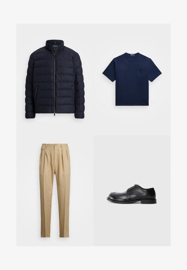 Mornarska puf jakna s uspravnim ovratnikom, horizontalnim kvadratnim dizajnom, zatvaranjem na prednjem dijelu sa sprijeda i bočnim džepovima. Mekana tekstura, lagani materijal.; Tamno plava pamučna majica s okruglim izrezom, kratkim rukavima i džepom na lijevoj strani grudi. Glatka tekstura s klasičnim krojem.; Bež lanene hlače ravnog kroja, s dva prednja nabora, zatvaranjem na gumb i bočnim džepovima. Tekstuirana tkanina s glatkom površinom.; Crna kožna oxford cipela s okruglim vrhom, vezanjem, glatkom teksturom i blagim petom. Jednostavna silueta s minimalnim detaljima.