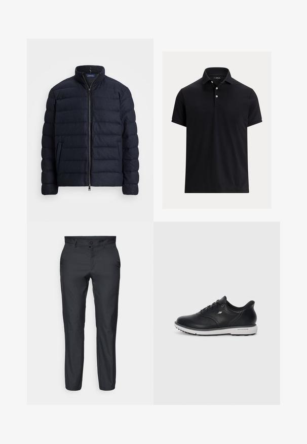 Casaco acolchoado azul-marinho com gola alta, design de costura horizontal, fecho frontal com zíper e bolsos laterais. Textura suave, material leve.; Camisa polo preta de manga curta com três botões brancos e um colarinho clássico sobre um fundo claro.; Calças cinza-escuro com um corte reto. Feitas de tecido liso e leve. Apresentam um fecho de botão e passantes para cinto.; Sapatilha Skechers de couro preto com atacadores, sola branca, logotipo lateral e aderência texturizada na sola, sobre um fundo claro e simples.