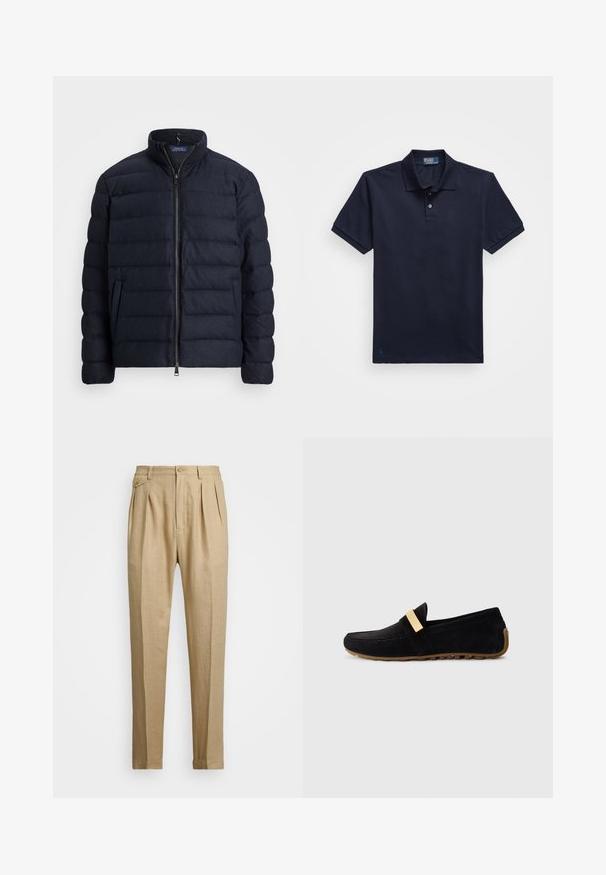 Námořnická prošívaná bunda s vysokým límcem, vodorovným prošívaným designem, zapínáním na předním zipu a bočními kapsami. Jemná textura, lehký materiál.; Námořnická modrá polo košile vyrobená z texturované tkaniny, s dvoubarevným zapínáním a malým vyšitým logem na lemu. Krátké rukávy.; Béžové lněné kalhoty rovného střihu, s dvěma předními sklady, zapínáním na knoflík a bočními kapsami. Strukturovaná tkanina s hladkým povrchem.; Černé semišové mokasíny se zlatým páskem přes nárt, plochá gumová podrážka s texturovaným gripem a design s zaoblenou špičkou.