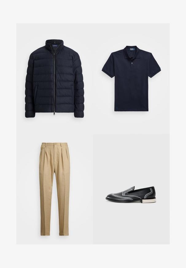 Veste matelassée marine avec un col montant, design matelassé horizontal, fermeture éclair à l'avant et poches latérales. Texture douce, matériau léger.; Polo bleu marine en tissu texturé, avec un col à deux boutons et un petit logo brodé à l'ourlet. Manches courtes.; Pantalons en lin beige avec une coupe droite, arbore deux pinces à l'avant, une fermeture à bouton et des poches latérales. Tissu texturé avec une finition lisse.; Mocassins en cuir noir avec des coutures décoratives blanches et un accent métallique au talon, présentant une texture lisse et une silhouette épurée.