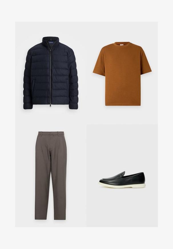 Navy puffer jacket with a stand collar, horizontal quilted design, front zipper closure, and side pockets. Soft texture, lightweight material.; Brown short-sleeve t-shirt made of soft fabric, featuring a round neckline and relaxed fit with straight hem. No visible patterns or accents.; Jack & Jones JPSTBILL JJDAYTONA WIDE - Trousers - pavement; Black leather slip-on shoes feature a smooth finish, rounded toe, and a white rubber sole with subtle branding on the back.