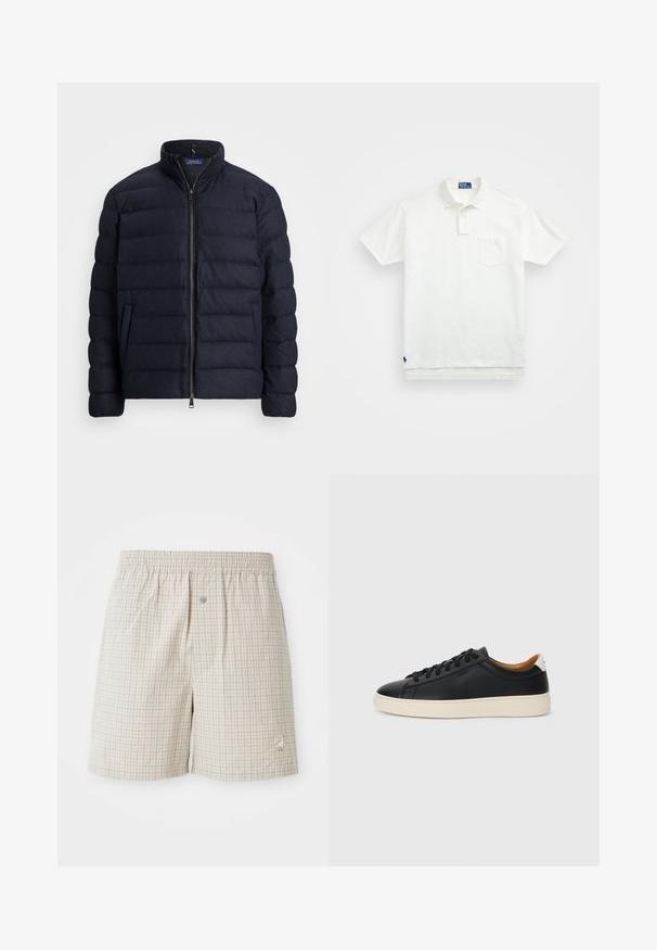Navy puffer jacket with a stand collar, horizontal quilted design, front zipper closure, and side pockets. Soft texture, lightweight material.; White polo shirt made of cotton, featuring a classic collar, three-button placket, and a left chest pocket; small logo at the hem.; Light beige checkered shorts with a soft texture, elastic waistband, and a decorative white goose embroidery near the hem.; Black leather sneakers with a smooth texture, beige rubber sole, lace-up design, and a contrasting heel accent.