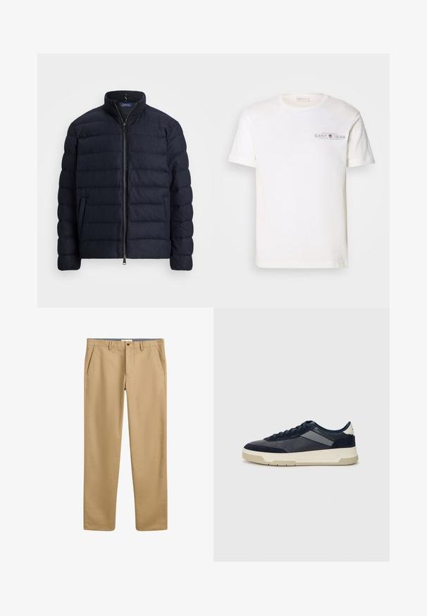 Navy puffer jacket with a stand collar, horizontal quilted design, front zipper closure, and side pockets. Soft texture, lightweight material.; White cotton t-shirt with a crew neck, short sleeves, and a printed logo. Features minimalist design and relaxed fit.; Beige chinos with a straight-leg design, featuring front pockets and a button closure. Made from soft, textured fabric.; BOSS BALTIMORE - Trainers - open blue