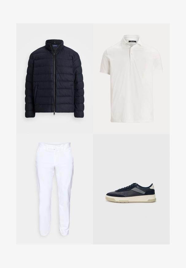 Mornarska puf jakna s uspravnim ovratnikom, horizontalnim kvadratnim dizajnom, zatvaranjem na prednjem dijelu sa sprijeda i bočnim džepovima. Mekana tekstura, lagani materijal.; Muška bijela polo majica s kratkim rukavima, ovratnikom, s dva gumba i suptilnom logotipom na unutarnjem dijelu ovratnika.; Bijele hlače izrađene od glatkog materijala, s ravnim krojem, prednjim kopčanjem na dugme i dva nakošena bočna džepa.; BOSS BALTIMORE - Tenisice - open blue