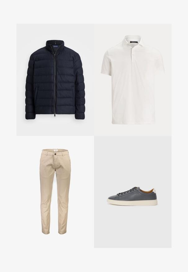 Casaco acolchoado azul-marinho com gola alta, design de costura horizontal, fecho frontal com zíper e bolsos laterais. Textura suave, material leve.; Polo de manga curta branco para homem, com gola, dois botões e um logótipo subtil na etiqueta no interior da gola.; Calças de algodão bege com corte de perna reta, apresentando bolsos frontais, fecho de correr e um botão único. Textura lisa, sem padrões.; Sapatilha de couro cinza com biqueira redonda, sola de borracha, atacadores planos e detalhes de cor clara no calcanhar. Textura suave e design minimalista.