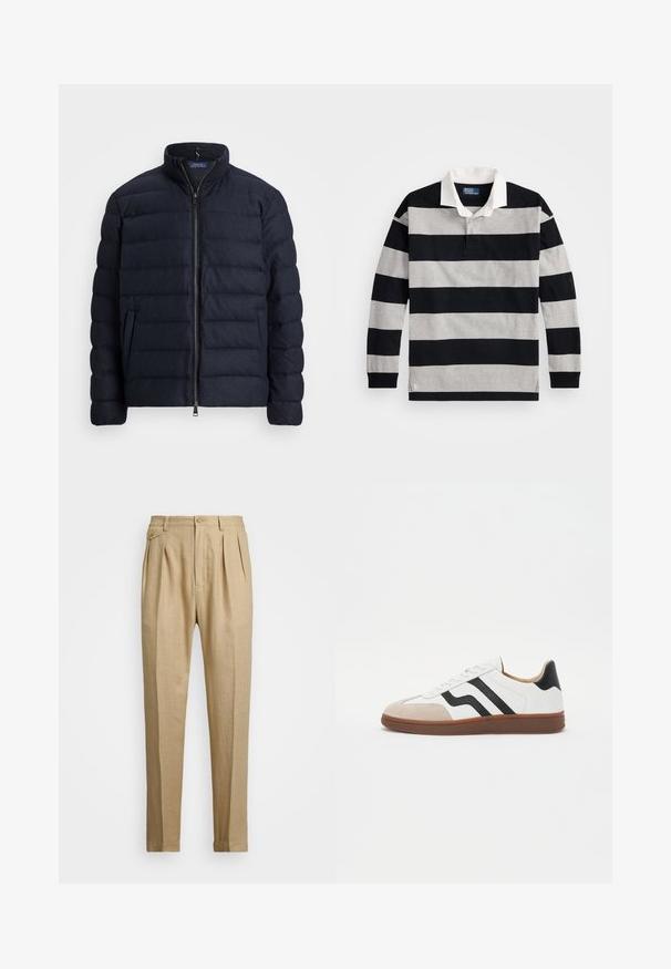 Tumši zils pūkains jaka ar stāvu apkakli, horizontālu kvadrātu dizainu, priekšējo rāvējslēdzi un sānu kabatām. Mīksta tekstūra, viegla materiāla.; Melna un pelēka svītru garām piedurknēm polo krekls ar baltu apkakli un mazu logotipa akcentu apakšējā malā. Mīksts kokvilnas materiāls.; Bēšas lina bikses ar taisnu griezumu, ar divām priekšējām krokām, pogu aizdari un sānu kabatām. Strukturēta auduma virsma ar gludu apdari.; Baltie sneakeri ar melnu svītru akcentiem, zamša purngala aizsargs, un brūnu gumijas zoli. Gluda ādas virsma ar noapaļotu dizainu.