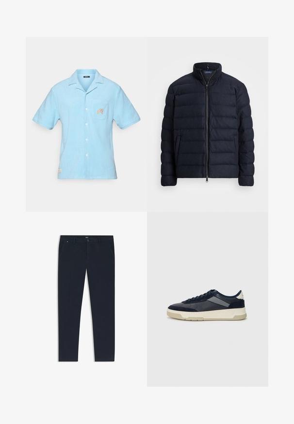 Marineblauwe pufferjack met een staande kraag, horizontaal gestikte ontwerp, rits aan de voorkant en zijzakken. Zachte textuur, lichtgewicht materiaal.; Lichtblauw overhemd met korte mouwen, gemaakt van zachte badstof. Heeft een kraag, een borstzak met geborduurd detail en een knoopsluiting.; Marineblauwe broek van lichtgewicht stof, met een rechte pijpdesign, zijzakken en een knoopsluiting aan de voorkant met merkdetails.; BOSS BALTIMORE - Sneakers laag - open blue