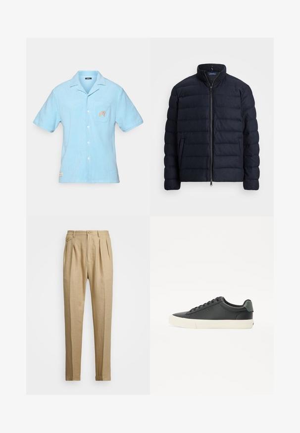 Marineblauwe pufferjack met een staande kraag, horizontaal gestikte ontwerp, rits aan de voorkant en zijzakken. Zachte textuur, lichtgewicht materiaal.; Lichtblauw overhemd met korte mouwen, gemaakt van zachte badstof. Heeft een kraag, een borstzak met geborduurd detail en een knoopsluiting.; Beige linnen broek met een rechte snit, voorzien van twee voorplooien, een knoopsluiting en zijzakken. Gestructureerde stof met een gladde afwerking.; Zwarte leren sneaker met een gestructureerde afwerking, witte rubberen zool, ronde neus en groene accenten op de hiel. Zes gaatjes vetersluiting.