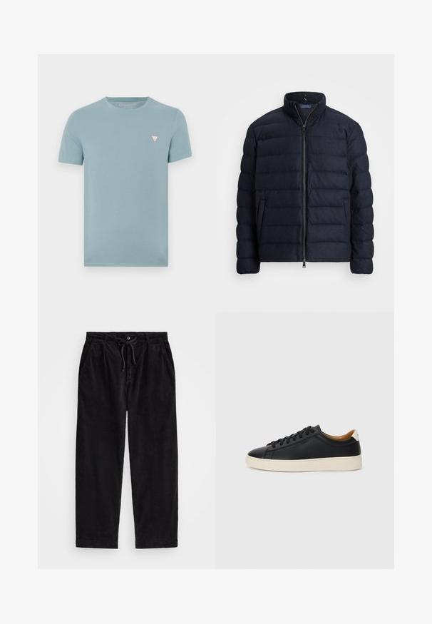 Laivastonsininen puffatakki, jossa on seisomakaulus, vaakasuuntainen tikkaus, edessä vetoketjukiinnitys ja sivutaskut. Pehmeä pinta ja kevyt materiaali.; Vaaleansininen lyhythihainen t-paita, joka on valmistettu pehmeästä puuvillasta. Vasemmassa rintapielessä on pieni kolmiomainen logo punaisena ja valkoisena.; Mustat corduroy-housut rento istuvuus, jossa on elastinen vyötärö ja kiristysnarut, sekä sivutaskut. Kangas näyttää railoa tekstuuria.; Mustat nahkasneakerit, joissa on sileä pinta, beige kumipohja, nauhakiinnitys ja erottuva kanta-aksentti.