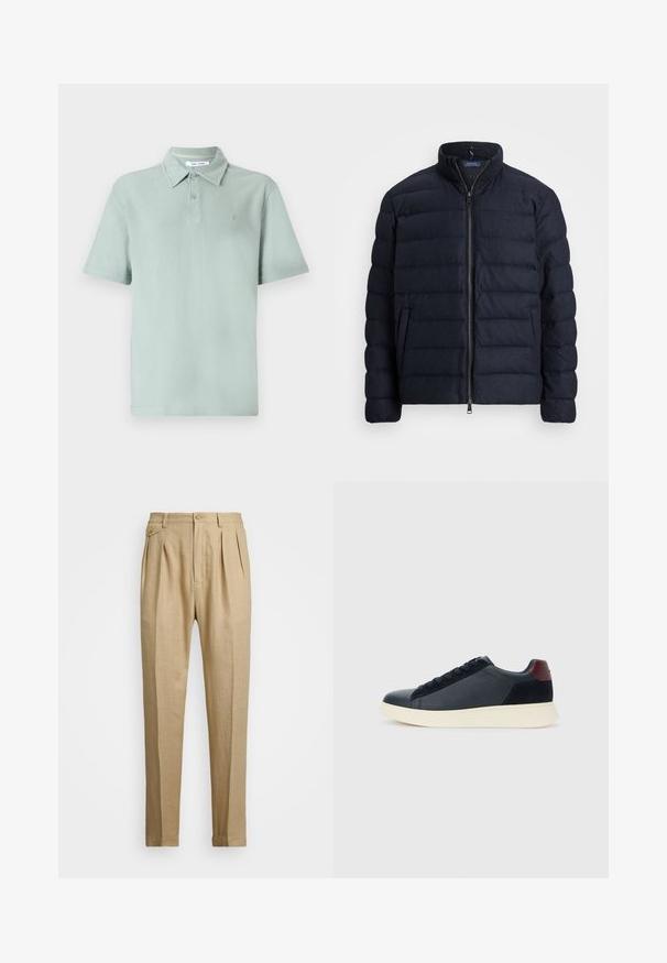 Jūrų laivyno pūkų striukė su stovinčiu apykakle, horizontaliai siūta, priekyje užtrauktukas ir šoniniai kišeniai. Minkštas texture, lengvas audinys.; Šviesiai žalia polo marškinėlių su tekstūruota medžiaga, trumpomis rankovėmis, apykakle, dviem mygtukais priekyje ir siuvinėtu logotipu ant krūtinės.; Bežinės lininės kelnės tiesaus kirpimo, turinčios dvi priekinės klostes, sagų užsegimą ir šonines kišenes. Tekstūruotas audinys su lygiu paviršiumi.; Juodos odinės ir zomšinės vyriškos žemos sportinės avalynės su bordo spalvos kulkšnių juostele ir balto kaučiuko padu vaizdas iš išorės.