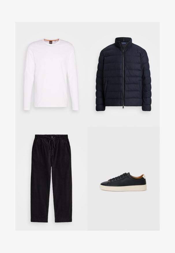 Navy puffer jacket with a stand collar, horizontal quilted design, front zipper closure, and side pockets. Soft texture, lightweight material.; White long-sleeve t-shirt made of cotton. Features a round neckline and a small embossed logo on the left chest. Smooth texture.; Black corduroy pants with a relaxed fit, featuring an elastic waistband with a drawstring, and side pockets. Fabric shows ribbed texture.; Black leather sneakers with a smooth texture, beige rubber sole, lace-up design, and a contrasting heel accent.