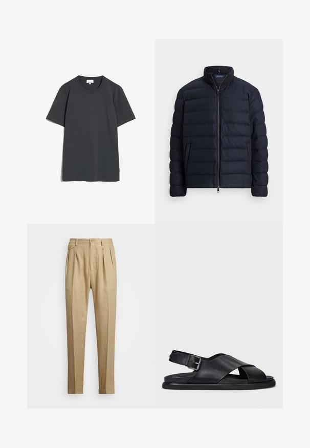 Marineblaue Daunenjacke mit Stehkragen, horizontal gestepptem Design, Frontreißverschluss und Seitentaschen. Weicher Stoff, leichtes Material.; ARMEDANGELS MAARKUS SOLID - T-Shirt basic - graphite; Beige Leinenhose mit geradem Schnitt, ausgestattet mit zwei vorderen Falten, einem Knopfverschluss und seitlichen Taschen. Strukturierter Stoff mit glatter Oberfläche.; Polo Ralph Lauren ZANE LEATHER SANDAL - Riemensandalette - black