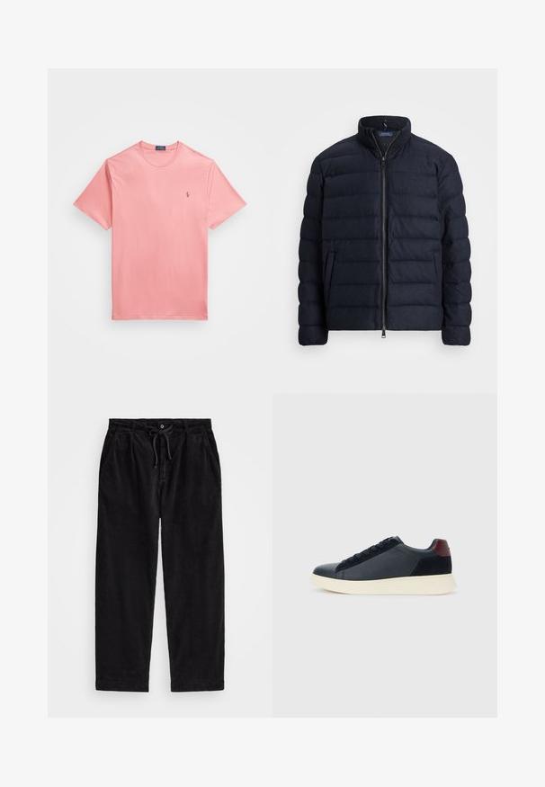 Námořnická prošívaná bunda s vysokým límcem, vodorovným prošívaným designem, zapínáním na předním zipu a bočními kapsami. Jemná textura, lehký materiál.; Tričko s krátkým rukávem a kulatým výstřihem ve světle růžové barvě z bavlny, s malým zlatým logem na levé hrudi. Hladká textura, jednoduchý design.; Černé kordové kalhoty s volným střihem, vybavené elastickým pasem se šňůrkou a bočními kapsami. Tkanina má jemně rýhovanou strukturu.; Nízké pánské tenisky z černé kůže a semiše s vínovým patním páskem a bílou gumovou podrážkou, pohled z vnější strany.