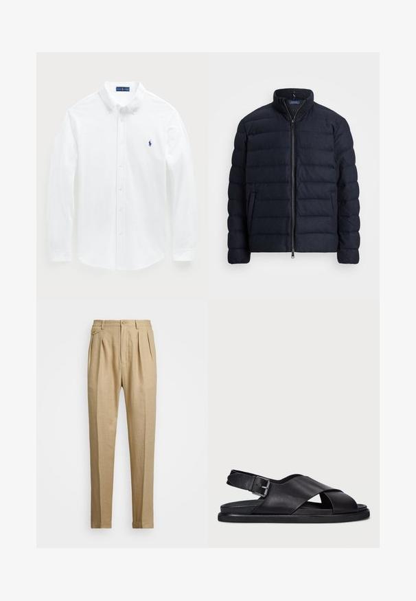 Granatowa kurtka puchowa z stójką, poziomym pikowaniem, zapięciem na zamek błyskawiczny z przodu oraz bocznymi kieszeniami. Miękka tekstura, lekki materiał.; Biała koszula z długim rękawem wykonana z bawełny, posiadająca zapięcie na guziki w kołnierzyku oraz małe niebieskie logo polo na klatce piersiowej. Gładka faktura, klasyczny krój.; Beżowe lniane spodnie o prostym kroju, z dwoma fałdami z przodu, z zapięciem na guzik i kieszeniami po bokach. Teksturowana tkanina o gładkim wykończeniu.; Polo Ralph Lauren ZANE czarny