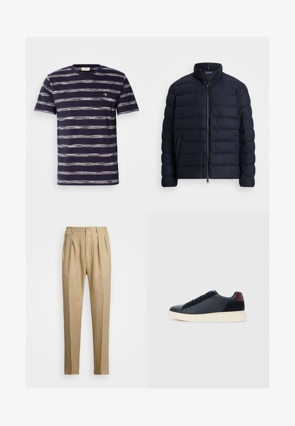 Casaco acolchoado azul-marinho com gola alta, design de costura horizontal, fecho frontal com zíper e bolsos laterais. Textura suave, material leve.; T-shirt de manga curta azul marinho com riscas horizontais brancas e cinza claro; apresenta um pequeno logótipo no peito. Tecido de algodão macio.; Calças de linho bege com corte reto, apresentando dois plissados frontais, fecho com botão e bolsos laterais. Tecido texturizado com um acabamento suave.; Sapatilha baixa masculina em couro preto e camurça com aba de calcanhar em amarelo-escuro e sola de borracha branca, vista do lado exterior.