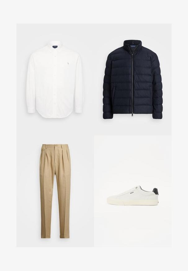 Jūrų laivyno pūkų striukė su stovinčiu apykakle, horizontaliai siūta, priekyje užtrauktukas ir šoniniai kišeniai. Minkštas texture, lengvas audinys.; Balta ilgomis rankovėmis marškiniai su mygtukų apačia, priekiniais mygtukais ir mažu siuvinėjo logotipu kairiajame krūtinės kampe. Pagaminta iš medvilnės.; Bežinės lininės kelnės tiesaus kirpimo, turinčios dvi priekinės klostes, sagų užsegimą ir šonines kišenes. Tekstūruotas audinys su lygiu paviršiumi.; Baltos odinės sportinės bateliai su tekstūruotu paviršiumi, juodu kulnas, apvali nosis ir juodas logotipas šone. Lengvas guminis padas.