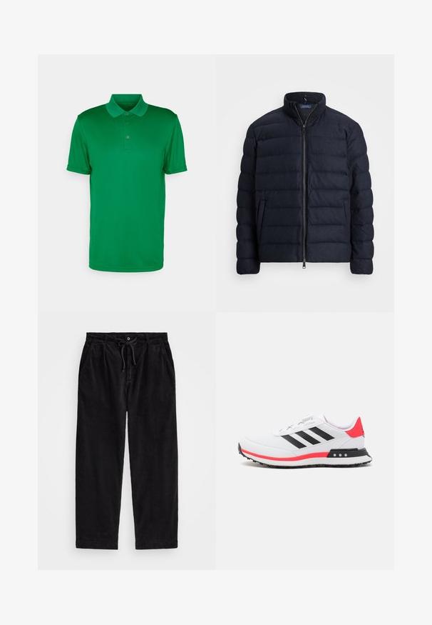 Námořnická prošívaná bunda s vysokým límcem, vodorovným prošívaným designem, zapínáním na předním zipu a bočními kapsami. Jemná textura, lehký materiál.; Zelená polo košile vyrobená z hladké látky, s límečkem, tříknoflíkovou léga a krátkými rukávy. Jednoduchý design bez vzorů.; Černé kordové kalhoty s volným střihem, vybavené elastickým pasem se šňůrkou a bočními kapsami. Tkanina má jemně rýhovanou strukturu.; Bílé sportovní boty s černými pruhy, červeným akcentem na patě a texturovanou podrážkou. Mají hladký svršek a kruhový systém šněrování.