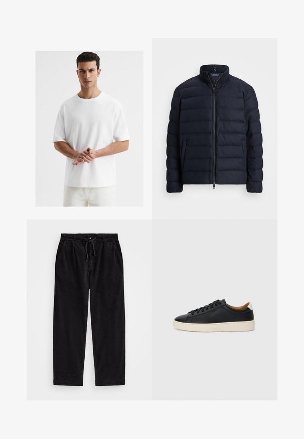 Tumesinine puffjaket, millel on tõusva krae, horisontaalne tikandimuster, ees lukuga sulgemine ja küljetaskud. Pehme tekstuur, kerge materjal.; Valge puuvillane T-särk ümmarguse kaelusega, lühikeste varrukatega, lõdva istumisega ja sileda tekstuuriga. Ei ole nähtavaid mustreid ega aktsente.; Mustreeritud mustad korduroypassid, millel on vabalt langev lõige, elastse vöökoha ja nööriga, ning küljetaskud. Kangas on ribakujuline.; Mustad nahast tennised sujuva pindadega, beež kummist tallaga, paelaga kinnitamine ja kontrastse kanna aktsendiga.