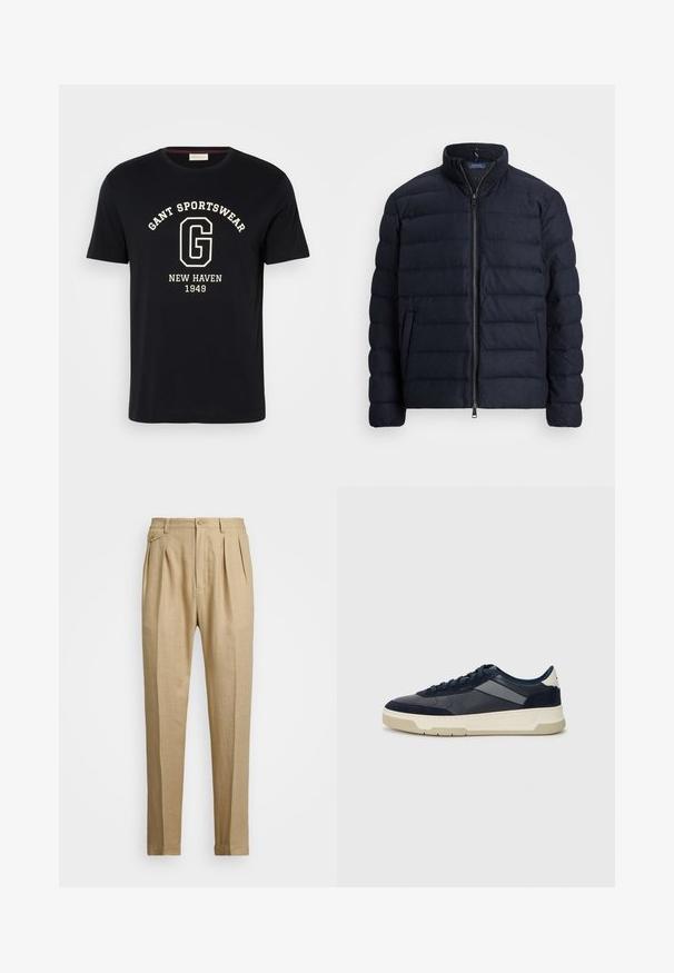 Navy puffer jacket with a stand collar, horizontal quilted design, front zipper closure, and side pockets. Soft texture, lightweight material.; Navy cotton t-shirt with round neckline and short sleeves. Features white print reading "GANT SPORTSWEAR," "NEW HAVEN," and "1949."; Beige linen trousers with a straight cut, featuring two front pleats, a button closure, and side pockets. Textured fabric with a smooth finish.; BOSS BALTIMORE - Trainers - open blue