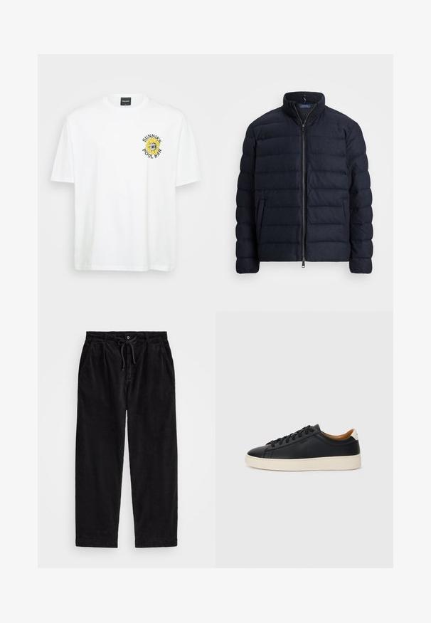 Marineblå puffjakke med ståkrave, horisontalt quiltet design, lynlås lukning foran og sidelommer. Blød tekstur, letvægtsmateriale.; Hvid bomulds t-shirt med rund hals, korte ærmer og et solsikke-grafik med teksten "SUNNIES POOL BAR" på venstre bryst.; Sort fløjlsbukser med en afslappet pasform, der har en elastisk talje med snøre og sidelommer. Stoffet har en ribbet tekstur.; Sorte lædersneakers med en glat overflade, beige gummisål, snørebåndsdesign og en kontrastfarvet hæl.