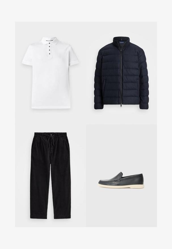 Chaqueta acolchada azul marino con cuello alto, diseño de acolchado horizontal, cierre frontal con cremallera y bolsillos laterales. Textura suave y material ligero.; Polo de algodón blanco con collar clásico, tapeta de cinco botones con botones negros y un pequeño logo bordado en el pecho.; Pantalones de pana negra con corte relajado, que cuentan con una cinturilla elástica con cordón ajustable y bolsillos laterales. La tela presenta una textura acanalada.; Mocasines de piel negra sin cordones con un acabado texturizado y una suela de goma beige en contraste. Presentan un sutil acento en la parte frontal.