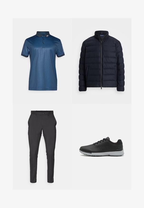 Marineblå puffjakke med ståkrave, horisontalt quiltet design, lynlås lukning foran og sidelommer. Blød tekstur, letvægtsmateriale.; Marineblå polo-shirt med geometrisk mønster, korte ærmer og mørk krave. Accentueret med et logo på kraven og ærmet.; J.LINDEBERG Sports ELOF PANT - Bukser - black; Sorte syntetiske golfsko med en struktureret overdel, snørebåndsdesign og en grå ydersål med pigge for godt greb.