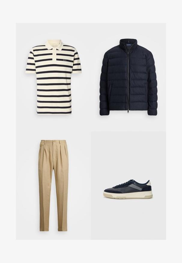 Marineblå puffjakke med ståkrave, horisontalt quiltet design, lynlås lukning foran og sidelommer. Blød tekstur, letvægtsmateriale.; Stribet polo-shirt i creme og marineblå, lavet af bomuld. Har en krave, to-knap placket og broderet logo på brystet.; Beige linnedbukser med lige snit, prydet med to forkørsler, knaplukning og sidelommer. Struktureret stof med en glat overflade.; BOSS BALTIMORE - Sneakers - open blue