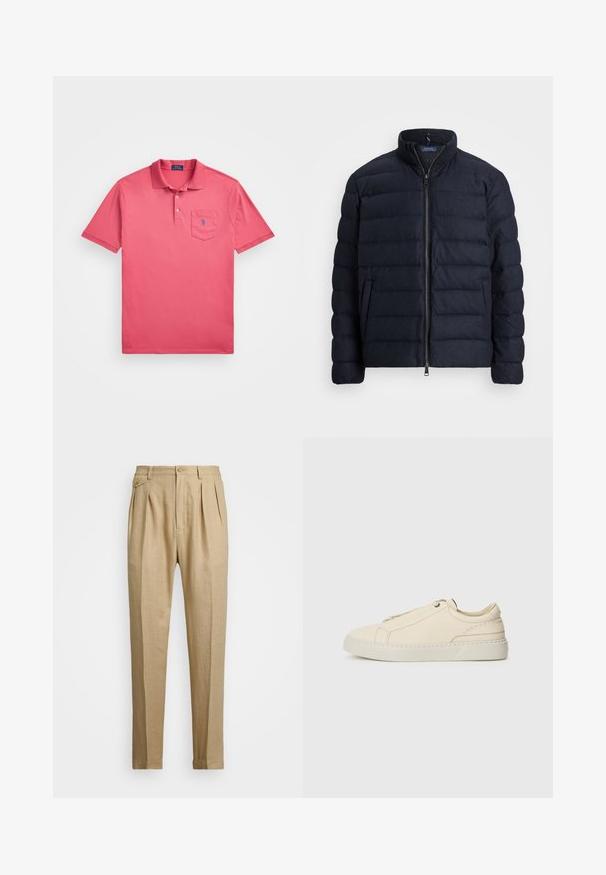 Námornícke prešívané sako so stojatým golierom, horizontálnym prešívaním, predným zipsovým zapínaním a bočnými vreckami. Jemná textúra, ľahký materiál.; Polo Ralph Lauren Big & Tall SHORT SLEEVE - Polokošeľa - adirondack berry; Bežové ľanové nohavice so strihaním do rovna, so 'dvoma prednými záhybmi, s gombíkovým zapínaním a bočnými vreckami. Textúrovaná látka s hladkým povrchom.; Beige kožené tenisky s okrúhlou špičkou, minimalistickým dizajnom, jemnými švy a textúrovaným povrchom, na svetlej podrážke.