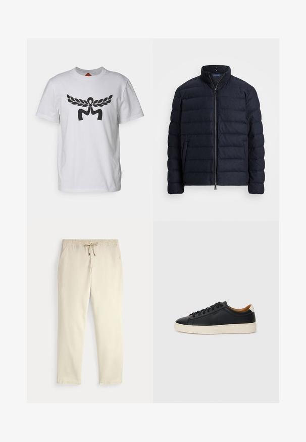 Mornarska puffer jakna z odcvetnim ovratnikom, horizontalnim prešitim dizajnom, sprednjim zadrgo in stranskima žepoma. Mehak tekstil, lahek material.; Bela bombažna majica ima velik črno grafični dizajn na sredini, ki spominja na krila in stilizirano črko "M." Kratke rokave, okroglo ovratnik.; Off-white prazne hlače s elastičnim pasom in vrvico, ravne noge in stranske žepke na enobarvni podlagi.; Črne usnjene superge z gladko teksturo, bež gumijastim podplatom, zavezovalnim dizajnom in kontrastnim nagibom na peti.