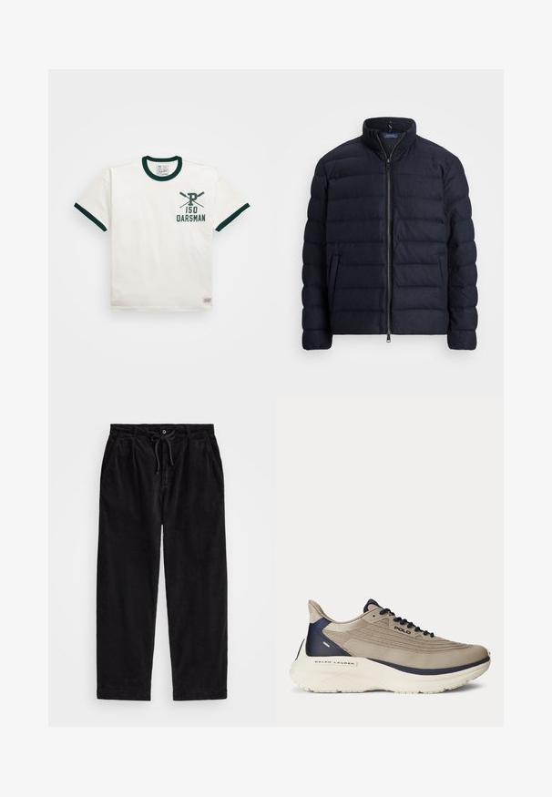 Jūrų laivyno pūkų striukė su stovinčiu apykakle, horizontaliai siūta, priekyje užtrauktukas ir šoniniai kišeniai. Minkštas texture, lengvas audinys.; Grietos trumpomis rankovėmis T-marškiniai su tamsiai žalia gipiūru apykakle ir rankovėmis. Su grafine spauda, vaizduojančia įstrižai kryžius ir tekstą "150 OARSMAN".; Juodo kanapinio audinio kelnių modelis, turintis laisvą siluetą, su elastingu juosmeniu ir raiščiu, bei šoninėmis kišenėmis. Audinys turi išilginę tekstūrą.; Šviesiai rudas sportinis batelis su tekstūruota tinklo viršūne, mėlynais akcentais, storu baltu padu ir sudėtingų dizaino detalių. Su raišteliais ir logotipo ženklinimu.