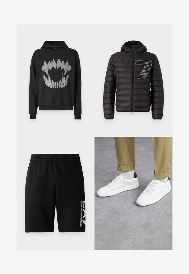 Černá péřová bunda s kapucí, s horizontálně prošívanými panely a bílým pruhovaným vzorem na levé straně hrudi. Zipové zapínání vpředu.; Černá mikina s kapucí vyrobená z měkké tkaniny, zdobená velkým stříbrným grafickým designem připomínajícím abstraktní zuby na přední straně. Nastavitelná kapuce.; EA7 Emporio Armani TRAIN VISIBILITY - Šortky - black/cream; Bílé tenisky s texturovaným koženým povrchem, zaoblenou špičkou a černým akcentem na patě. Gumová podrážka s malým vzorem a šitými detaily.