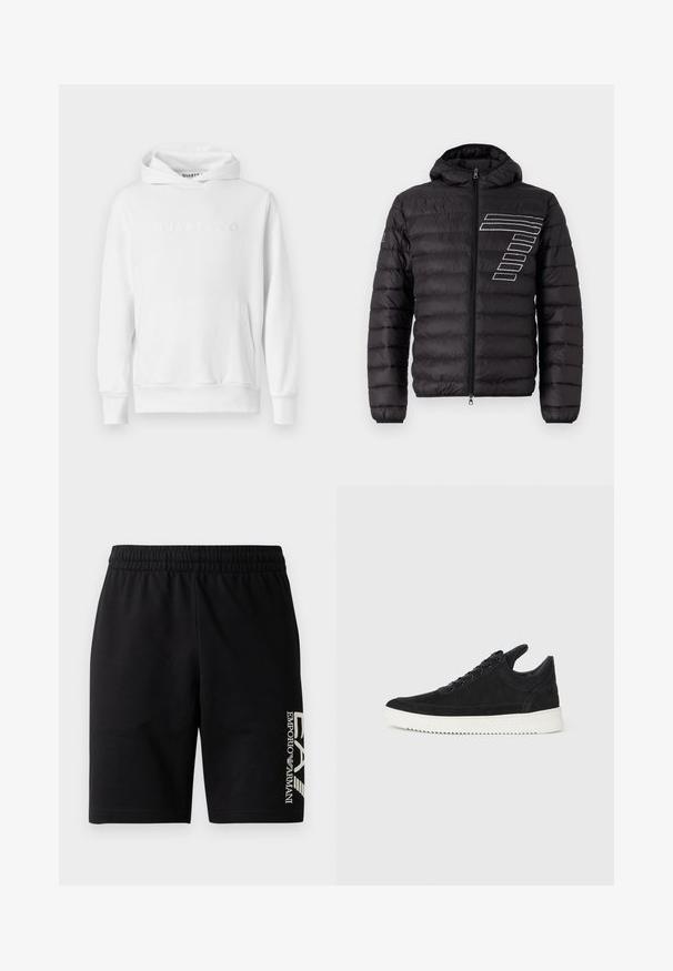 Črn puhasti jopič s kapuco, z vodoravnimi prešitimi paneli in belimi črtami na levem prsnem delu. Zadrga na sprednji strani.; Bela kapuca z žepom na sprednji strani, z vrvico za nastavljanje in izbočenim logotipom "QUARTZ CO" na prsih. Mehak bombažni material.; EA7 Emporio Armani TRAIN VISIBILITY - Kratke hlače - black/cream; Črne semiš športne copate z belo gumijasto podplatom, ki imajo toneče šive in vezalni dizajn. Gladka tekstura z modernim, poenoteno oblikovano silhueto.