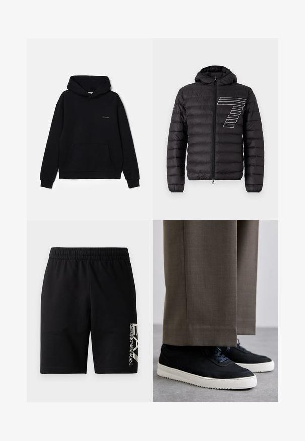 Fekete puffermellény kapucnival, vízszintes tűzéssel, a bal mellrészen fehér csíkkal. Elöl cipzáros záródás.; Fekete kapucnis pulóver, puha anyagból készült, elülső zsebbel, állítható kapucnival és diszkrét hímzett logóval a mellrészen. Klasszikus pulóver dizájn.; EA7 Emporio Armani TRAIN VISIBILITY - Rövidnadrágok - black/cream; Fekete velúr sportcipők fehér gumitalppal, kerek orrú, fűzős kialakítással, szürke, szabott nadrággal párosítva.