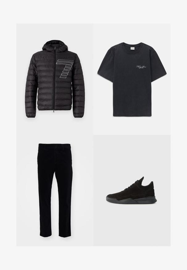 Veste en duvet noire avec capuche, présentant des panneaux matelassés horizontaux et un design à rayures blanches sur la poitrine gauche. Fermeture frontale à zip.; T-shirt noir à manches courtes et col rond avec un petit logo « Filling Pieces » en blanc sur la poitrine gauche.; Pantalon en velours côtelé noir avec un design à jambe droite, présentant de subtiles rayures verticales et une taille standard. Pas d'ornements visibles.; Baskets en suede noir avec un profil bas, une upper texturée, des lacets plats, et une semelle en caoutchouc solide dotée d'un léger talon et d'un design incurvé.