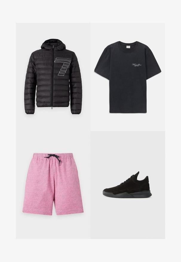 Fekete puffermellény kapucnival, vízszintes tűzéssel, a bal mellrészen fehér csíkkal. Elöl cipzáros záródás.; Fekete, rövid ujjú, kerek nyakú póló, bal mellen kis fehér "Filling Pieces" szöveges logóval.; Rózsaszín mintás fürdőnadrág gumis derekú és fekete zsinórral. Az anyag könnyűnek tűnik, strukturált felülettel.; Fekete nubuk sportcipő alacsony profilú, texturált felsőrésszel, lapos fűzőkkel és szilárd gumitalppal, amely enyhe sarkot és ívelt formát tartalmaz.