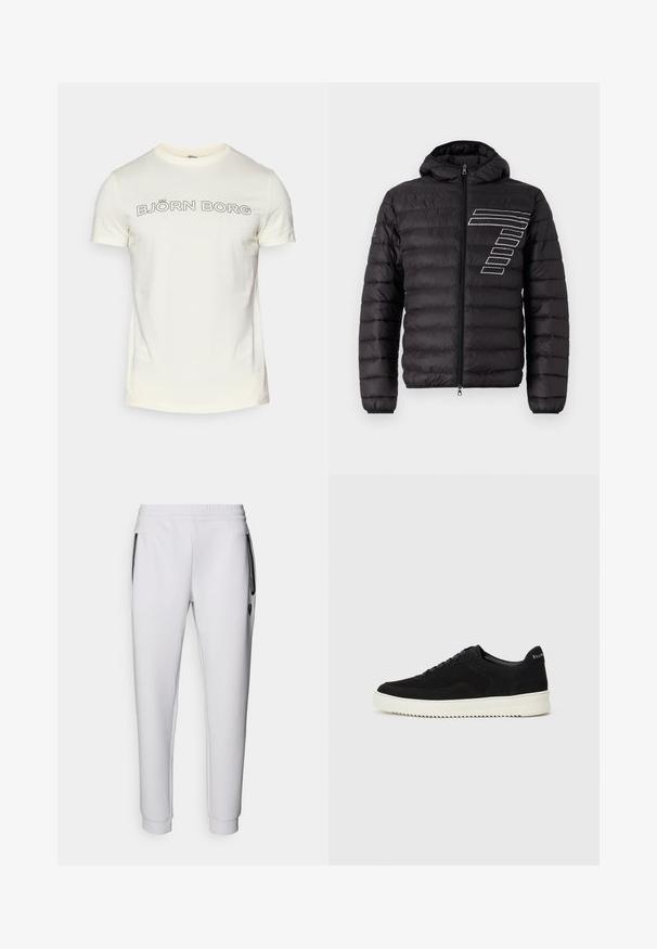 Fekete puffermellény kapucnival, vízszintes tűzéssel, a bal mellrészen fehér csíkkal. Elöl cipzáros záródás.; Krém színű, rövid ujjú pamut póló, amelyen vastag fekete betűkkel a "BJÖRN BORG" felirat található a mellkason, kerekített betűtípussal.; Fehér melegítőnadrág rugalmas derékpánttal, két oldalzsebbel, fekete cipzár részletekkel és bordázott mandzsettákkal a bokáknál. Simább felület.; Fekete velúr sportcipő fűzős dizájnnal és kontrasztos fehér gumitalppal. Jellemzői a textúrázott oldalpanelek és a diszkrét logó a sarokon.