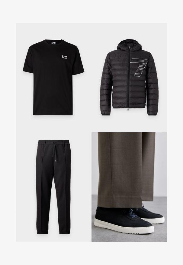 Juodas pūkinis švarkas su gaubtu, su horizontaliai suvyniotomis skeltomis ir balta juostele kairėje krūtinės pusėje. Su užtrauktuku priekyje.; Juodas medvilninis marškinėliai su trumpomis rankovėmis, apvaliu kaklu ir mažu baltu EA7 logotipu kairėje krūtinės pusėje. Lygi tekstūra, įprasta forma.; Juodos kelnės su juosmeniu, raišteliu ir elastingais rankogaliais. Yra raukšlės ir lygus, tekstūruotas audinys.; Juodi zomšiniai sportbačiai su baltais guminiais padais, su apvalia nosimi ir raišteliais, dėvimi su pilkais pritaikytais kelnais.