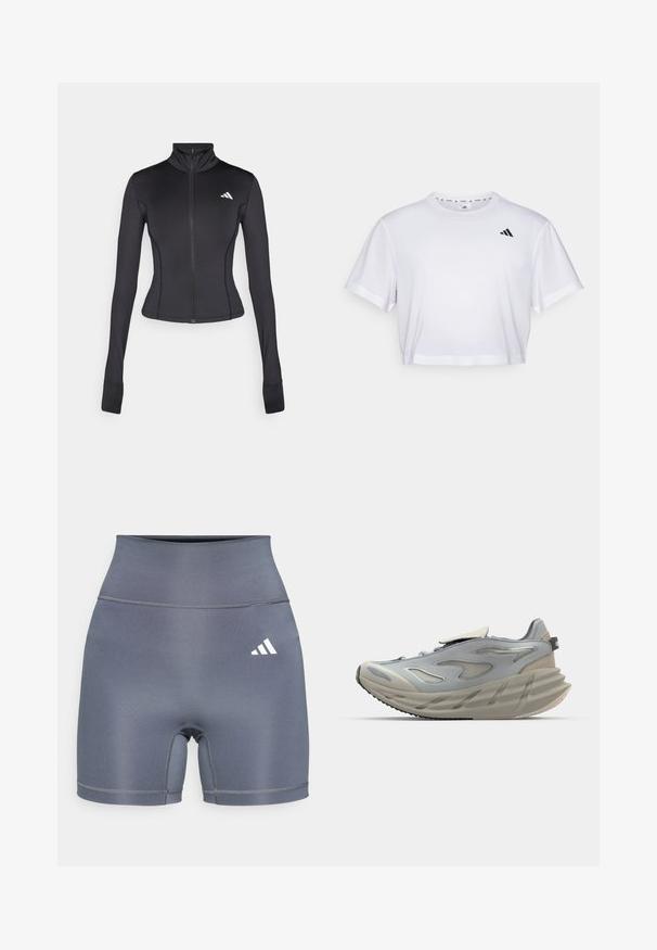 Sort tætsiddende zip-jakke lavet af strækbart stof, med lange ærmer, høj krave og et lille logo på venstre bryst.; Hvid crop top lavet af blødt stof, med korte ærmer og rund halsudskæring. Sort logo på venstre bryst.; Grå atletiske shorts med højt taljebånd, lavet af glat stof. Har dobbeltsyning og et hvidt Adidas-logo på venstre side.; Grå atletiksko med et strømlinet design, der har en tekstureret overdel, synlig snøring, en polstret mellemsål og en formet ydersål.