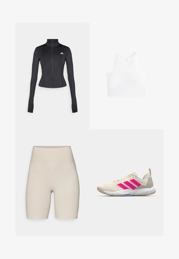 Svart figurnära zip-up-jacka i stretchigt tyg, med långa ärmar, ståkrage och en liten logotyp på vänster bröst.; Vit atletisk crop top med hög halsringning och dubbla korsade band på baksidan, med en slät och elastisk tygtextur.; adidas Performance ALL ME ESSENTIALS SHORT LEGGINGS - Tights - beige; Beige idrottssko med rosa tre-stripes logotyp, texturerad meshöverdel, vadderad krage och vit gummisula, med "LIGHTSTRIKE"-branding.