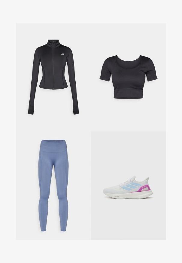 Giacca nera aderente con zip, realizzata in tessuto elastico, con maniche lunghe, colletto alto e un piccolo logo sul lato sinistro del petto.; Top corto a coste nero con maniche corte, scollatura rotonda ampia e fascia aderente nella parte inferiore. Tessuto morbido, design informale.; Leggings a vita alta in un tessuto leggero blu chiaro. Texture liscia con un design aderente, che si stringe alla caviglia. Nessun motivo o accento visibile.; adidas Performance PUREBOOST 5 - Scarpe da corsa su strada - white/glow blue/purple burst