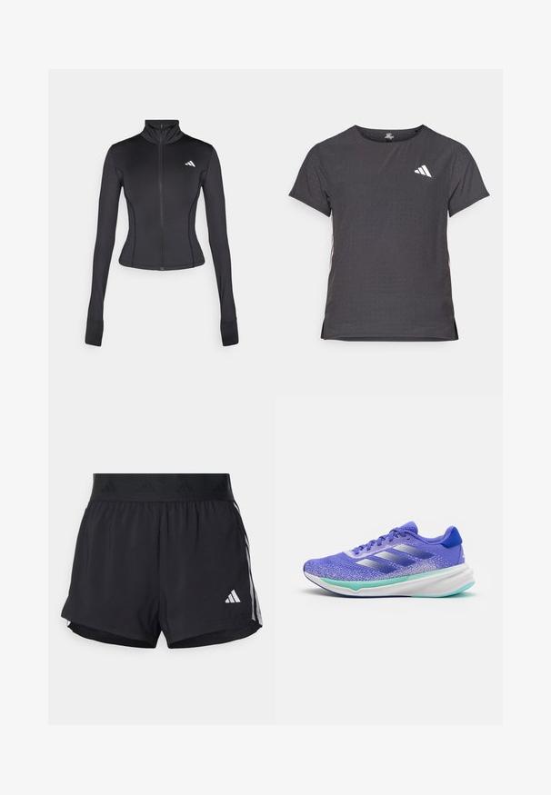 Chaqueta negra ajustada con cremallera hecha de tejido elástico, con mangas largas, cuello alto y un pequeño logo en el lado izquierdo del pecho.; Camiseta atlética de manga corta, gris oscuro con textura perforada. Presenta un logo blanco y rayas laterales en contraste. Escote redondeado.; Pantalones cortos deportivos negros con una cintura elástica, que presentan una banda texturizada, rayas laterales y un logo blanco de Adidas en el dobladillo inferior.; adidas Performance SUPERNOVA STRIDE - Zapatillas running asfalto - blue/zero metallic/purple tint