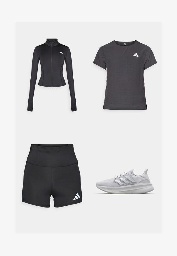 Črna prilegajoča se zip-up jakna iz raztegljivega materiala, z dolgimi rokavi, pokončnim ovratnikom in majhnim logotipom na levem prsnem košu.; Kratka športna majica s kratkimi rokavi, temno siva z perforirano teksturo. Ima bel logotip in kontrastne stranske črte. Okrogel ovratnik.; adidas Performance Pajkice - black; Bela športna obutev z mrežasto zgornjo plastjo z teksturo, tridimenzionalnimi bočnimi črtami in debelim podplatom, označenim z 'LIGHT BOOST'.