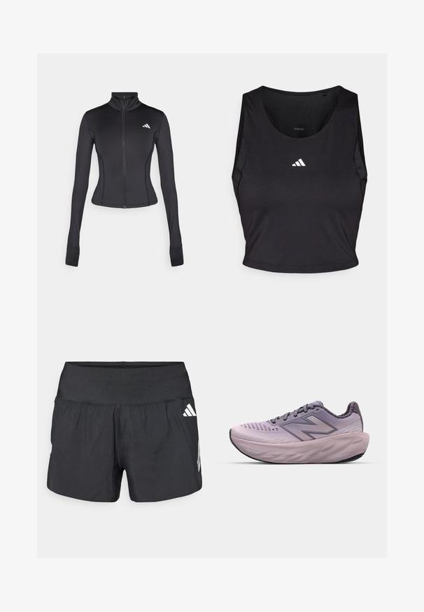 Svart figurnära zip-up-jacka i stretchigt tyg, med långa ärmar, ståkrage och en liten logotyp på vänster bröst.; Svart sportcrop top tillverkad av fukttransporterande tyg, med rund hals, ärmlös design och vitt logo på bröstet.; Svarta sportshorts med bred resår i midjan, lättviktstyg och vita logodetaljer på nedre sidan.; Lila löparsko med en andningsbar textilöverdel, vadderad krage, tjock dämpande sula och en mönstrad gummisula.