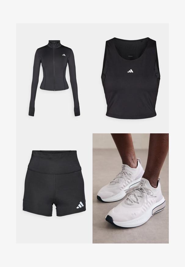 Veste de sport noire ajustée à fermeture éclair, fabriquée en tissu extensible, dotée de manches longues, d'un col montant et d'un petit logo sur la poitrine gauche.; Crop top de sport noir en tissu évacuant l'humidité, avec un col rond, sans manches, et logo blanc sur la poitrine.; adidas Performance Leggings - black; Baskets de sport gris clair avec une tige en tricot texturé, une semelle matelassée et des accents noirs, conçues pour le confort et la performance.