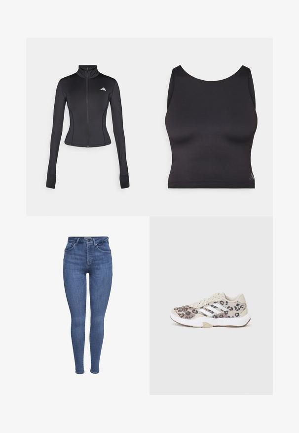 Czarna dopasowana kurtka zapinana na zamek, wykonana z elastycznego materiału, z długimi rękawami, stójką i małym logo na lewej piersi.; Czarny sportowy crop top wykonany z gładkiego, elastycznego materiału, z okrągłym dekoltem i bezrękawowym fasonem. Posiada subtelny detal z logo.; Niebieskie, dopasowane jeansy z wysokim stanem, z przednimi kieszeniami, zapięciem na guziki i suwak oraz szlufkami na pasek, wyeksponowane na białym tle.; Beżowe buty sportowe z nadrukiem w panterkę, białymi paskami i teksturowaną cholewką. Posiadają amortyzowaną podeszwę i gumową podeszwę zewnętrzną zapewniającą przyczepność.