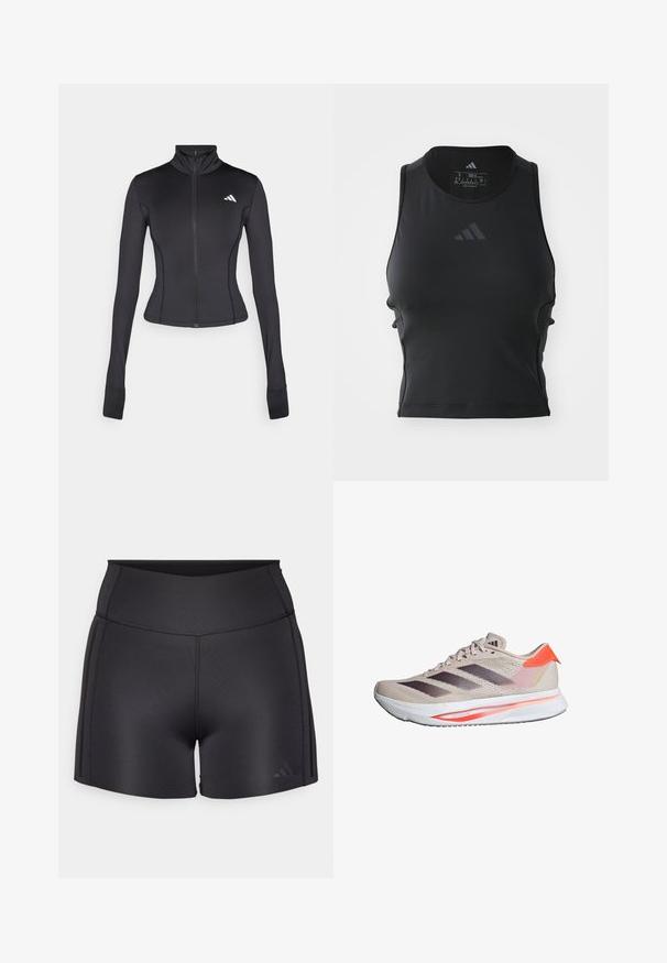 Black fitted zip-up jacket made of stretchy fabric, featuring long sleeves, a stand-up collar, and a small logo on the left chest.; Black cropped fitness tank top made of smooth, stretchy fabric; features a round neckline and a small, reflective logo on the front.; Black athletic shorts made of stretchy material, featuring a high waistband, flat seams, and a subtle Adidas logo in the lower corner.; Beige and coral Adidas running shoe with black stripes, white sole, and "ADIZERO SL" text on heel side.